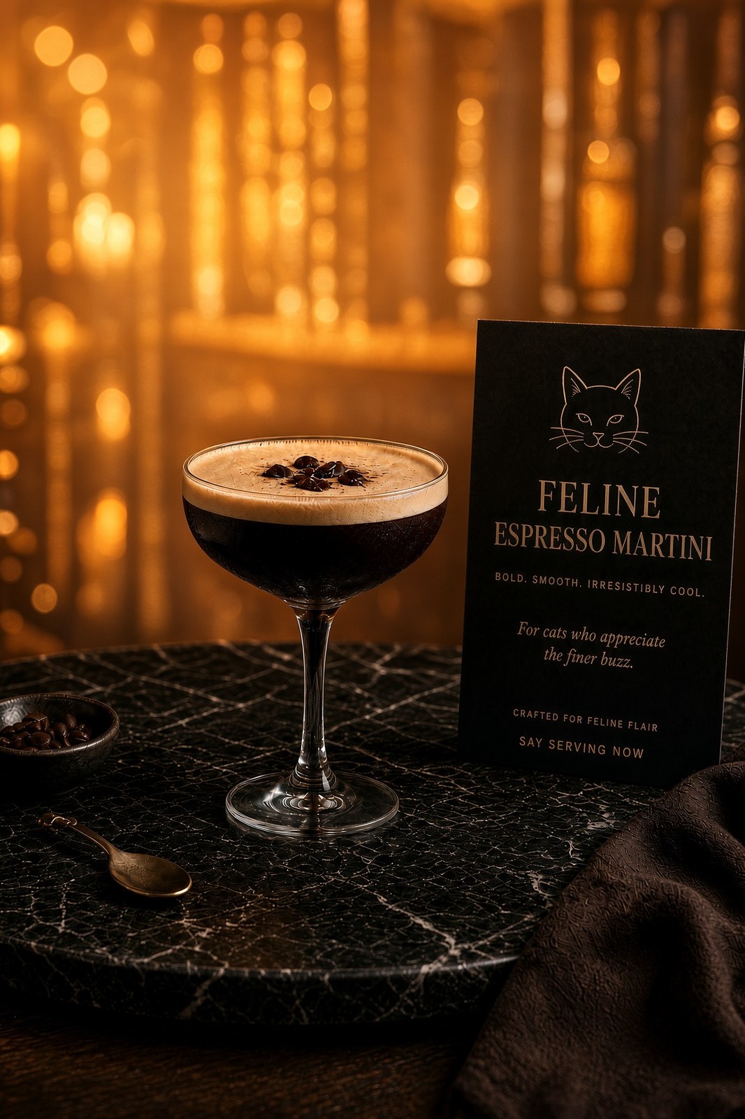 Feline Espresso Martini in a coupe with the Cat Eye menu card