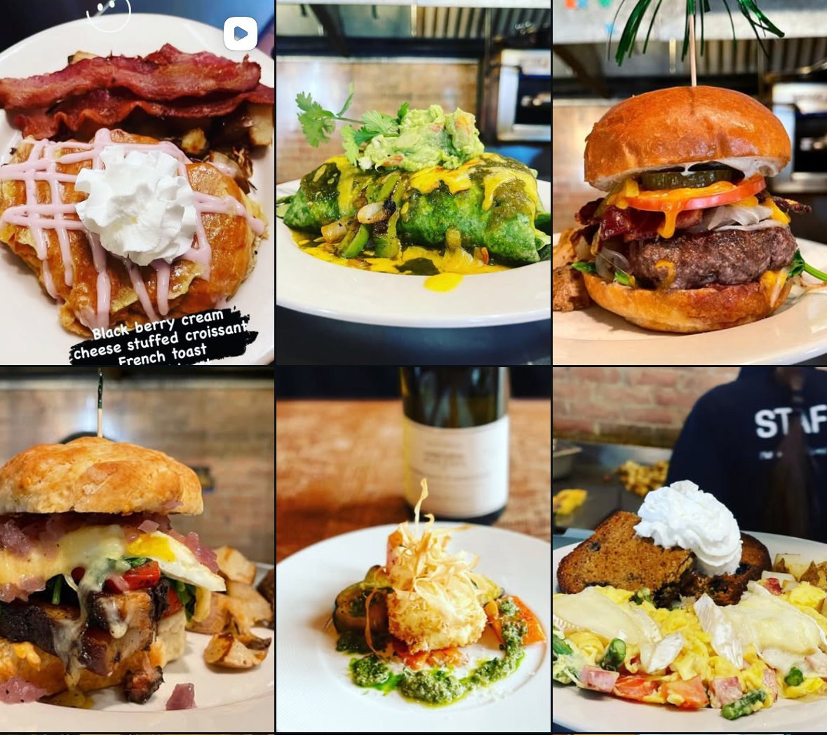 Collage of Cat Eye Café favorites: French toast, burgers, salads and Benedicts